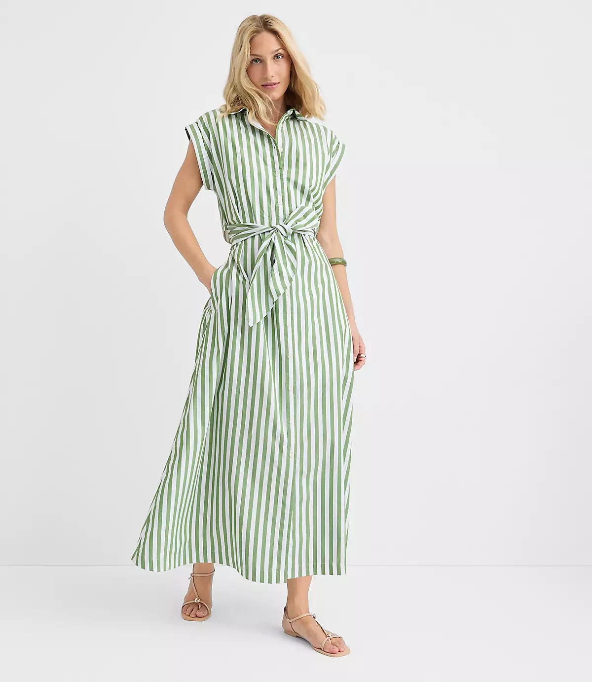 Tall Striped Poplin Cutout Back Midi Pocket Dress | LOFT