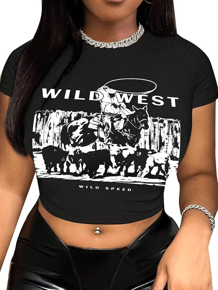 Hilinker Womens Short Sleeve Graphic Crop Tops Vintage Tees Summer Cute T Shirts | Amazon (US)