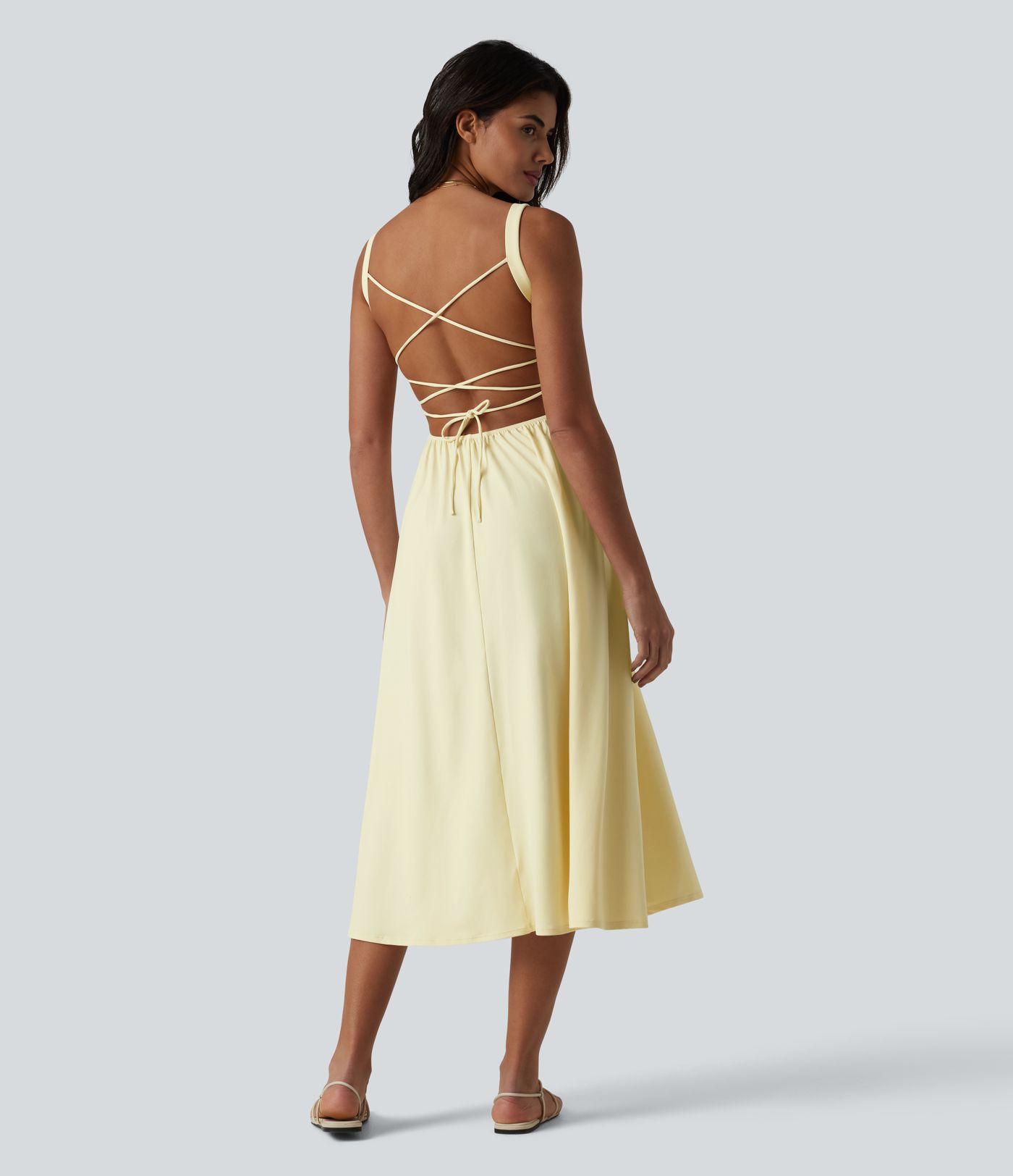 Women\u2019s Crisscross Backless Square Neck Sleeveless Ruched Built-in Bra Midi Resort Flowy Dre... | HALARA