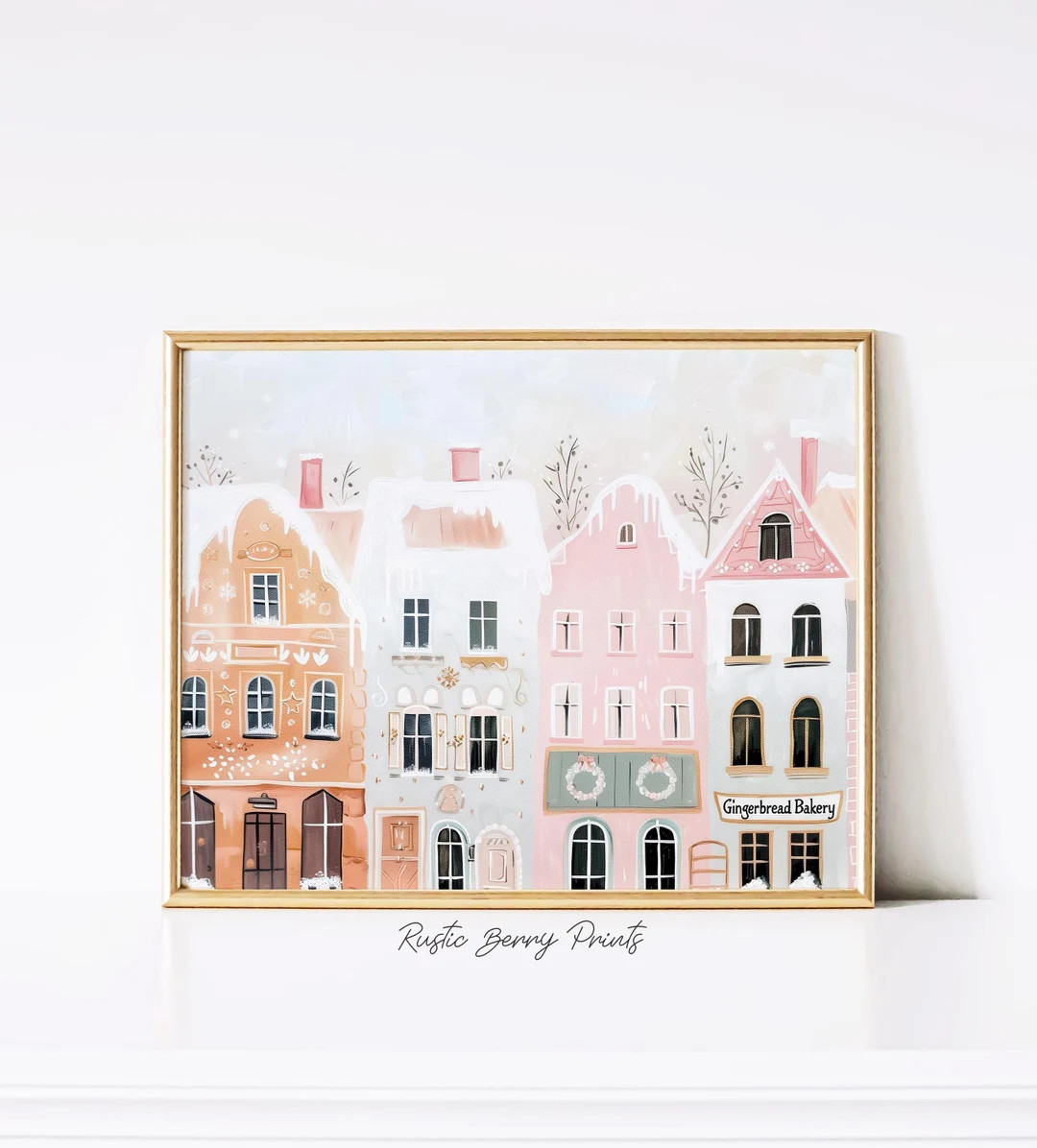 Christmas Village "gingerbread Bakery" Wall Art | Art Print | Pink Holiday Poster | Trendy Christ... | Etsy (US)