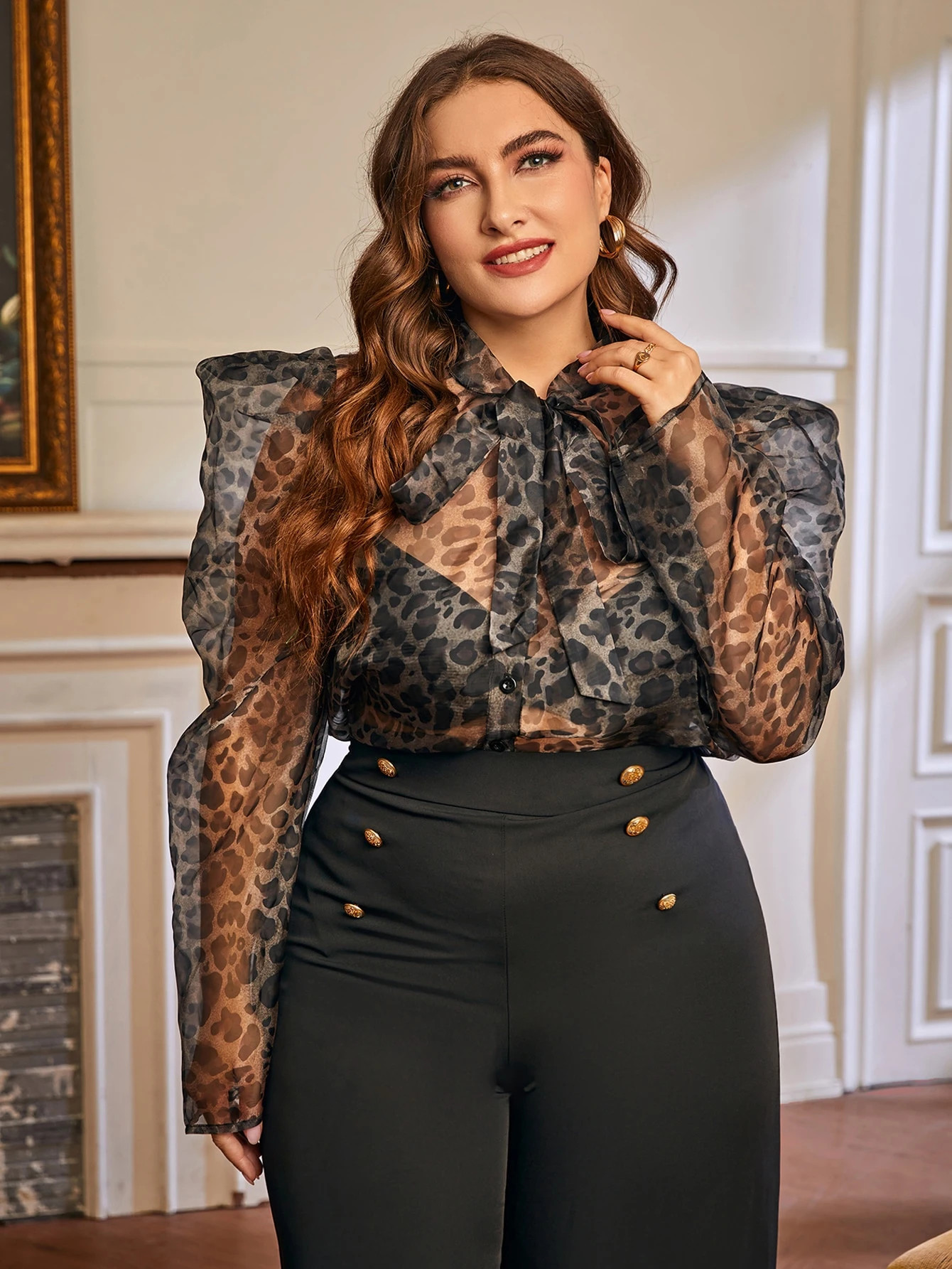 SHEIN Plus Tie Neck Gigot Sleeve Leopard Organza Blouse Without Bra | SHEIN