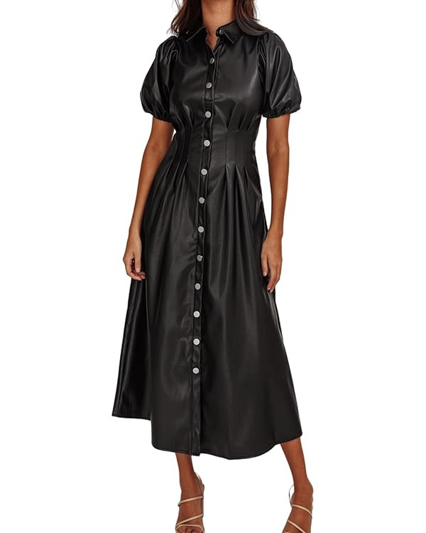 Womens Faux Leather Lapel Collared Pleated Button Down Short Sleeve Tunic Midi Dress Casual A-lin... | Amazon (US)