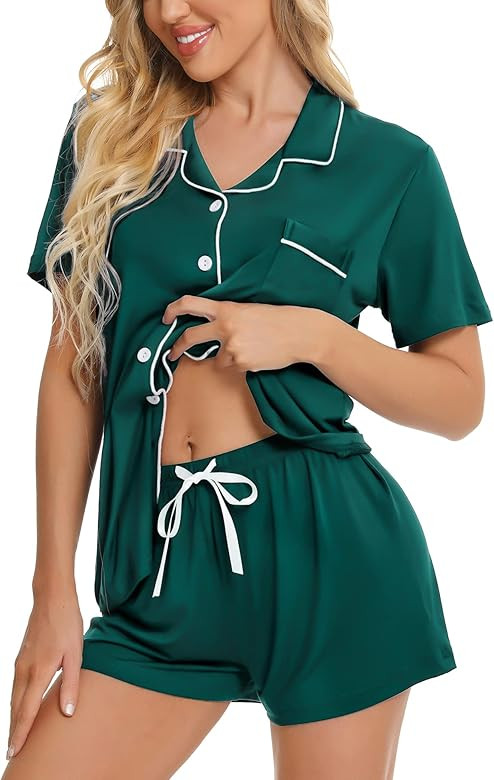 SWOMOG Womens Button Down Pajamas Set Short Sleeve Sleepwear Bride Soft Pj Lounge Sets S-XXL | Amazon (US)