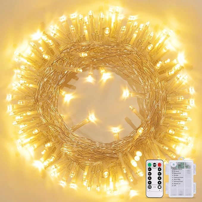 JMEXSUSS 33ft 100 LED Warm White Christmas Lights Outdoor, Battery Power String Lights Waterproof... | Amazon (US)