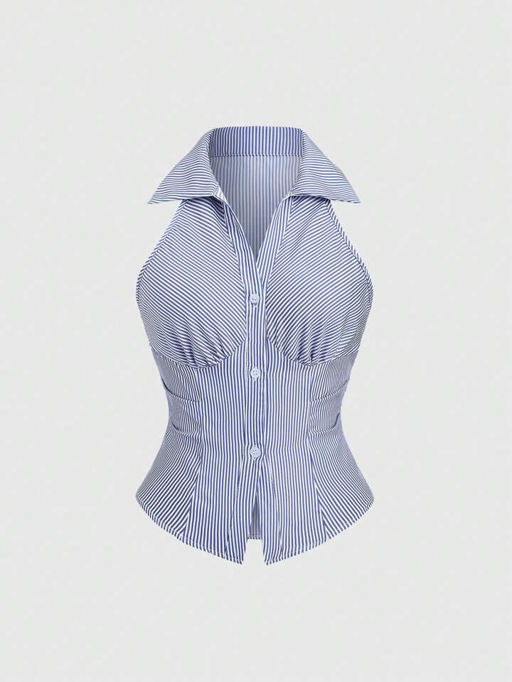Sweetra Women's Sleeveless Striped Shirt, Summer Casual Vacation Chic Fitted Crop Tank Top, Blue ... | SHEIN