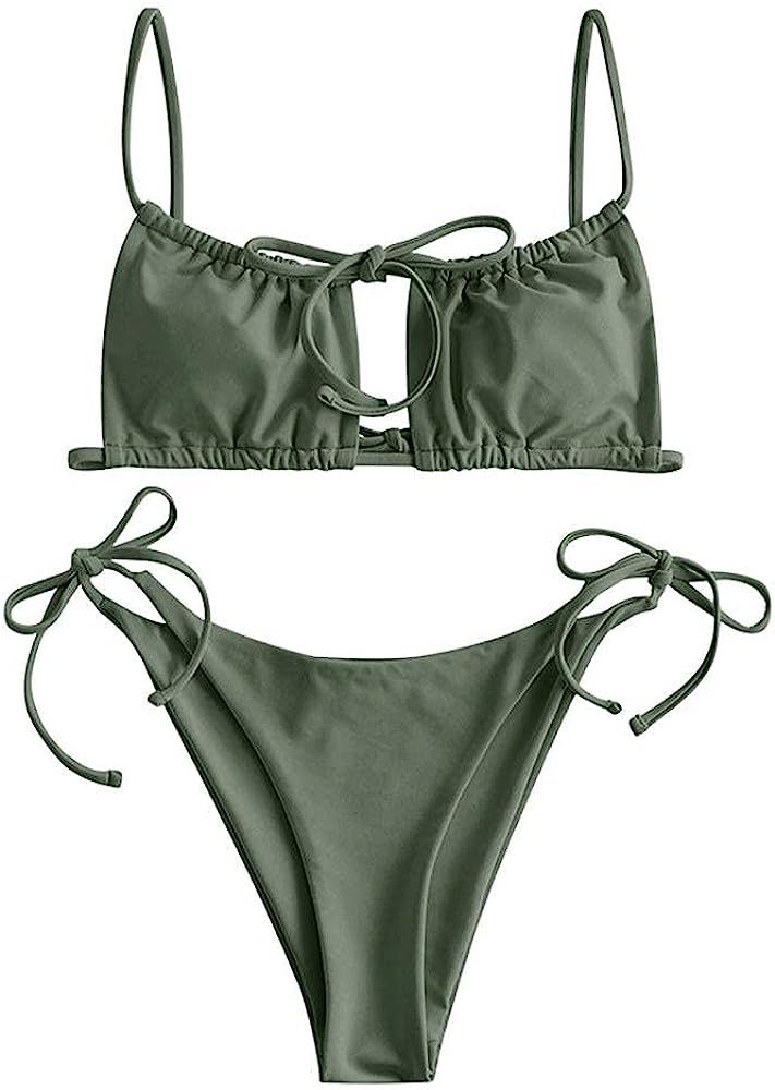 ZAFUL Womens Ruched Bandeau Bikini Set High Cut Swimwear Lace up Padded Swimsuits 2 Pieces Bathin... | Amazon (US)