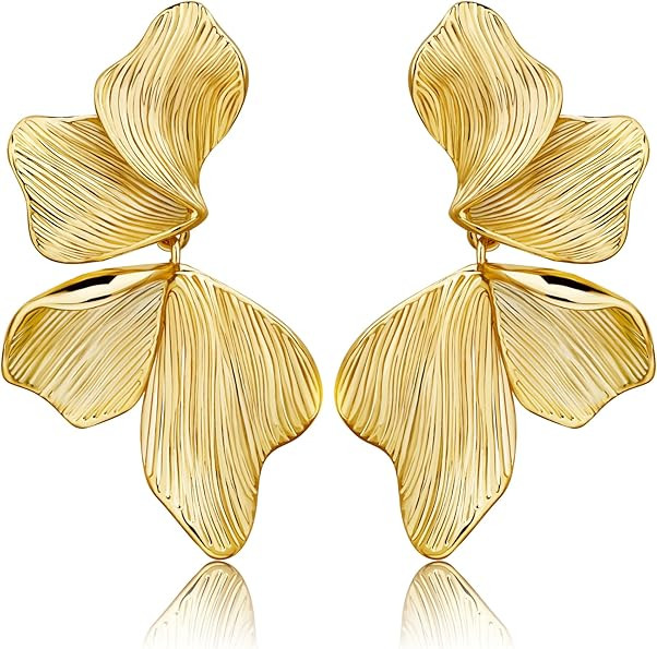 Gold Statement Earrings For Women 18K Gold Plated Sectored Flower Leaf Shell Angel Wing Earring L... | Amazon (US)