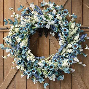 22 Inch Spring Wreath Blue with Green Leaves Wreaths Blue Daisy Artificial Grains White Flower Wr... | Amazon (US)