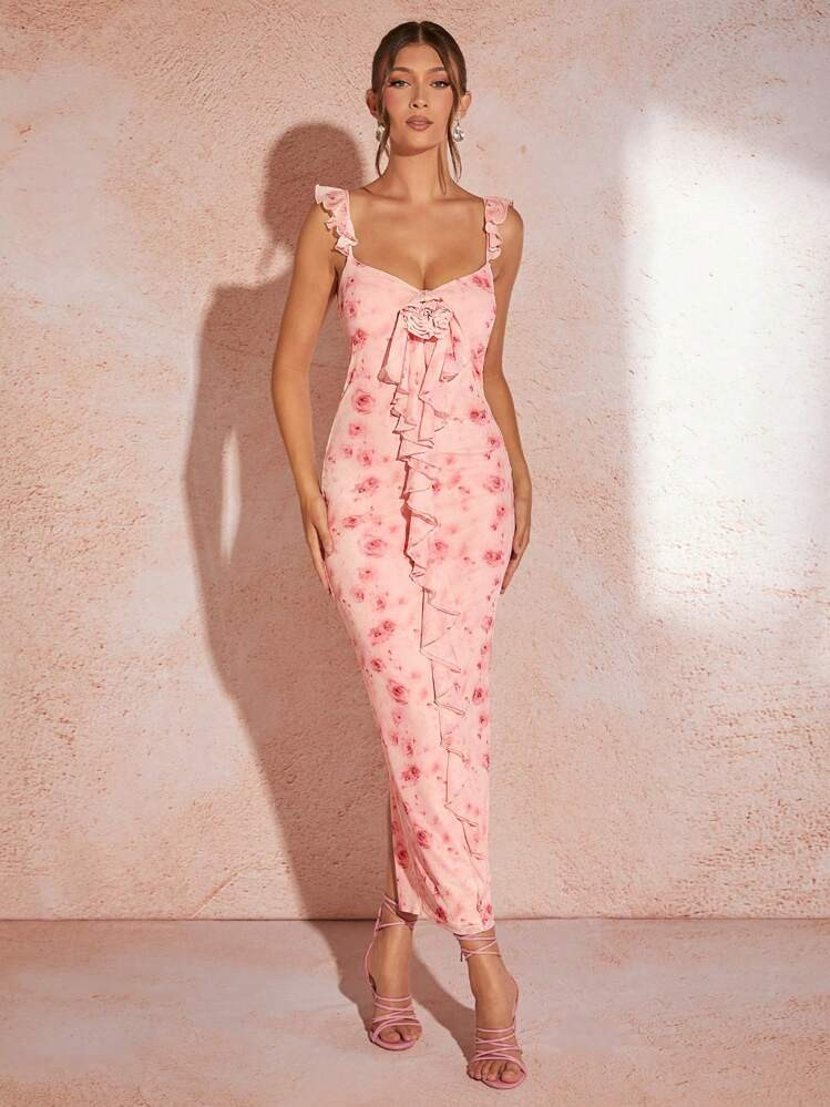 SHEIN BAE Women's Bodycon Ruffled Dress With Floral Print, Spaghetti Straps, Mesh Ruffle And 3D Flower Decor Long Dress Pink | SHEIN