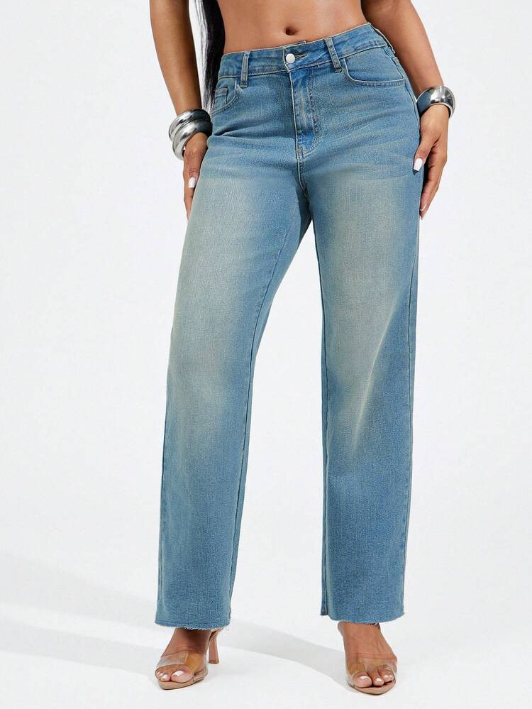 Denimoi Mid Rise Straight Leg Denim Jeans With Raw Hem Fashion Cigarette Jeans Summer Everyday We... | SHEIN