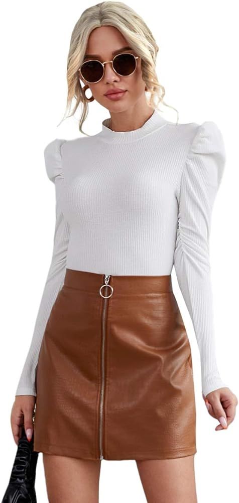 Romwe Women's Elegant Puff Long Sleeve Bodysuit Blouse Tops | Amazon (US)