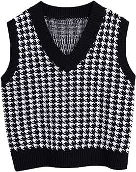 Gulajia Oversized Women Houndstooth Pattern Knit Sweater Vest Sleeveless Loose V-Neck 90s Waistco... | Amazon (US)