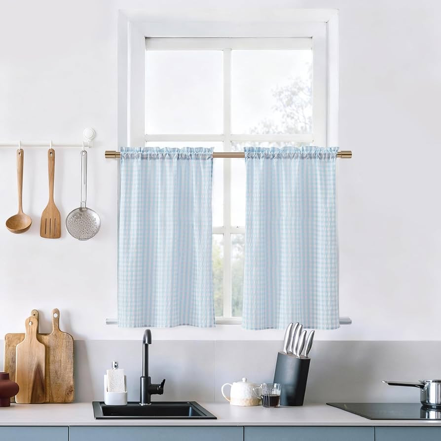 ZJDECOR Blue Buffalo Plaid Not-See-Through Sheer Kitchen Curtains 36 Inch | Amazon (US)