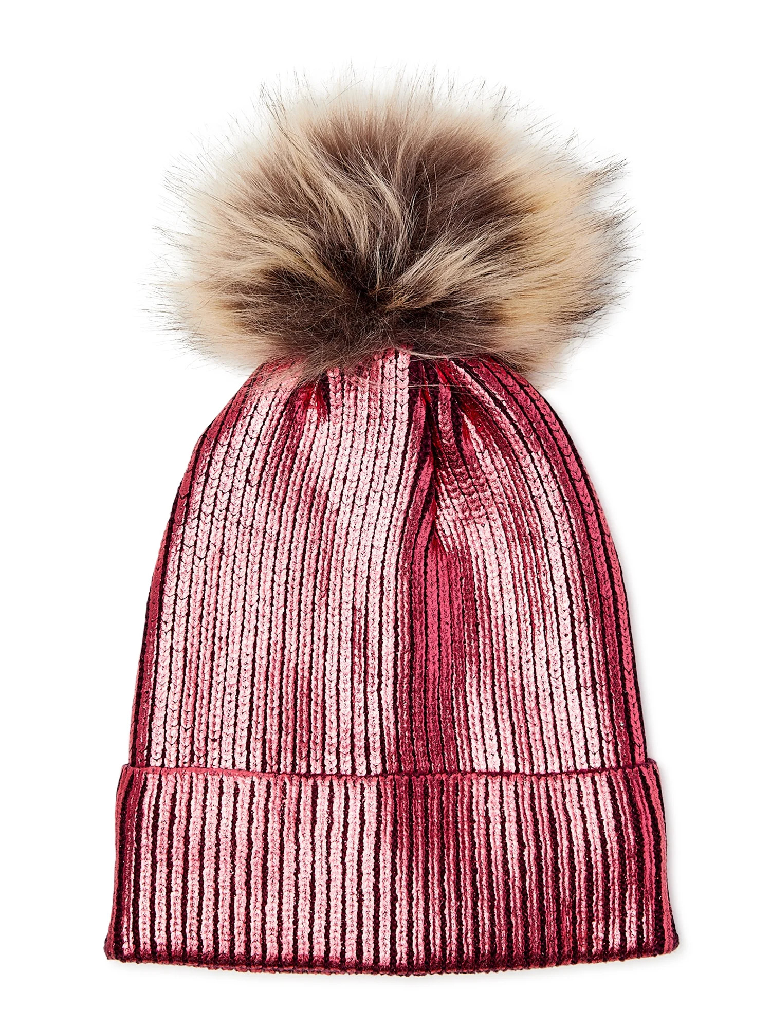 Scoop Women's Metallic Beanie Hat with Faux Fur Pom - Walmart.com | Walmart (US)