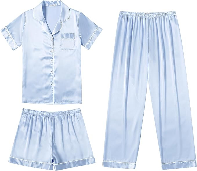 Ekouaer Silk Satin Pajama Set for Women Soft Short Sleeve Button Down Pj Sets 3 Piece Sleepwear L... | Amazon (US)