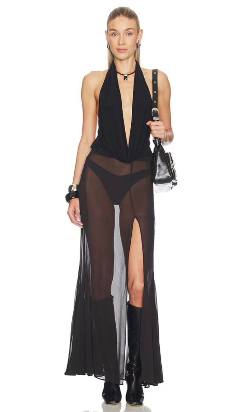 The cutest all black sheer look from Revolve! Loving the cowl neck halter top, sheer skirt + black boot combo. I’d totally wear this to Coachella, stagecoach and festival seasonblack

#LTKFestival #LTKootd #LTKSeasonal