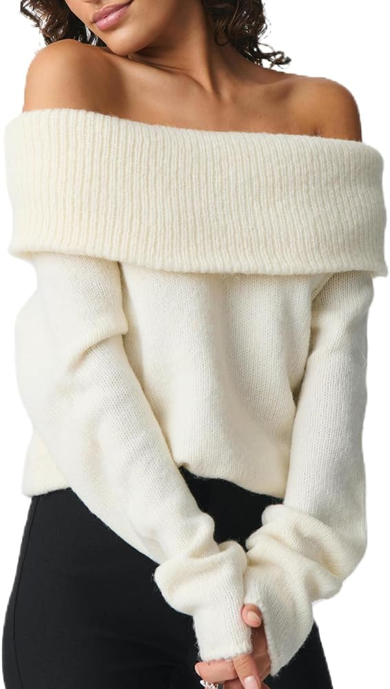 UAURORAO Womens Off The Shoulder Sweater Long Sleeve Knitted Cropped Trendy Pullover Slouchy Fold... | Amazon (US)
