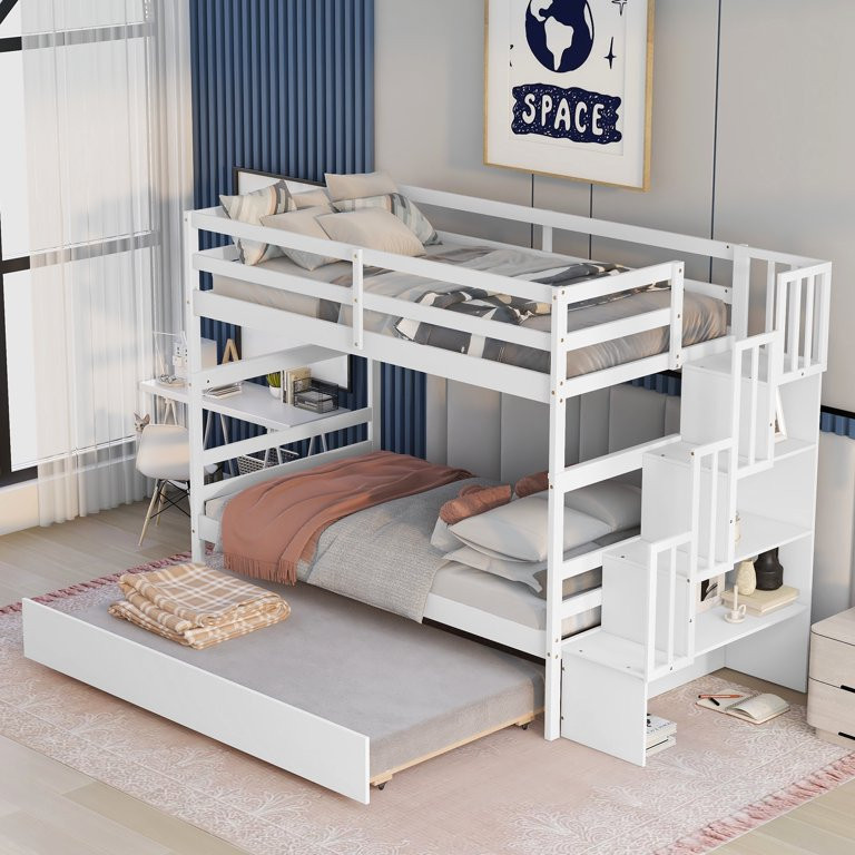 Twin Over Twin Bunk Beds with Stairs for Kids, Wood Storage Beds with Pull-out Trundle and Stairc... | Walmart (US)
