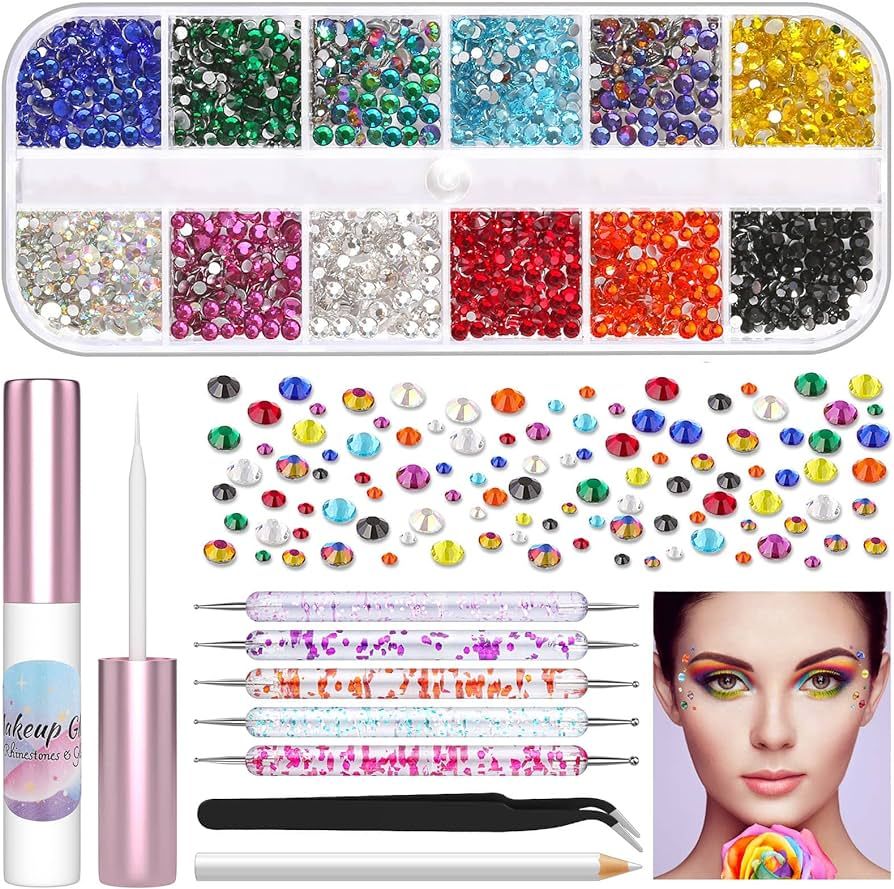 3600Pcs Face Gems Eyes Jewels with Glue for Makeup Rhinestone, Shynek Flatback Rhinestone Colored... | Amazon (US)