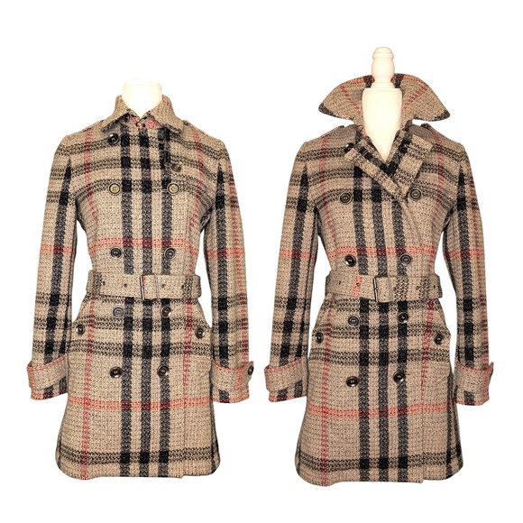 Burberry Brit Nova Check Plaid Double Breasted Wool Trench Coat Tan Navy 6 | S | Poshmark