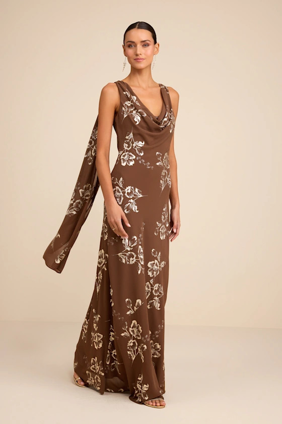 Sidonia Brown and Gold Floral Cowl Sash Maxi Dress | Lulus