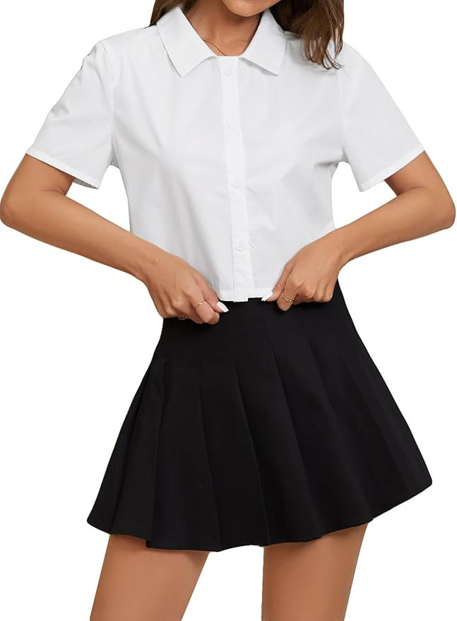 SweatyRocks Women's Short Sleeve Button Down Shirt Collar Blouse Crop Top | Amazon (US)