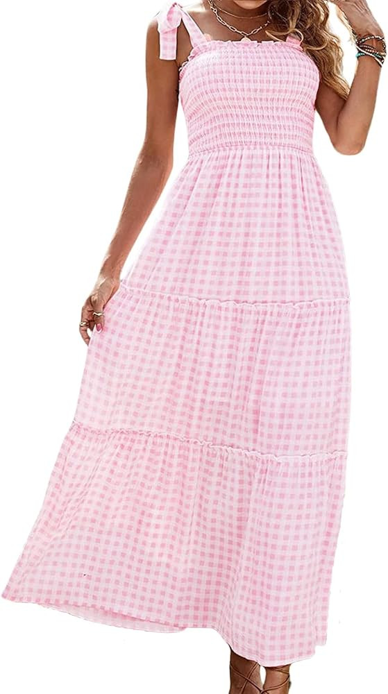 utcoco Women's 2024 Summer Boho Plaid Smocked Dress Spaghetti Strap Square Neck A Line Tiered Lon... | Amazon (US)