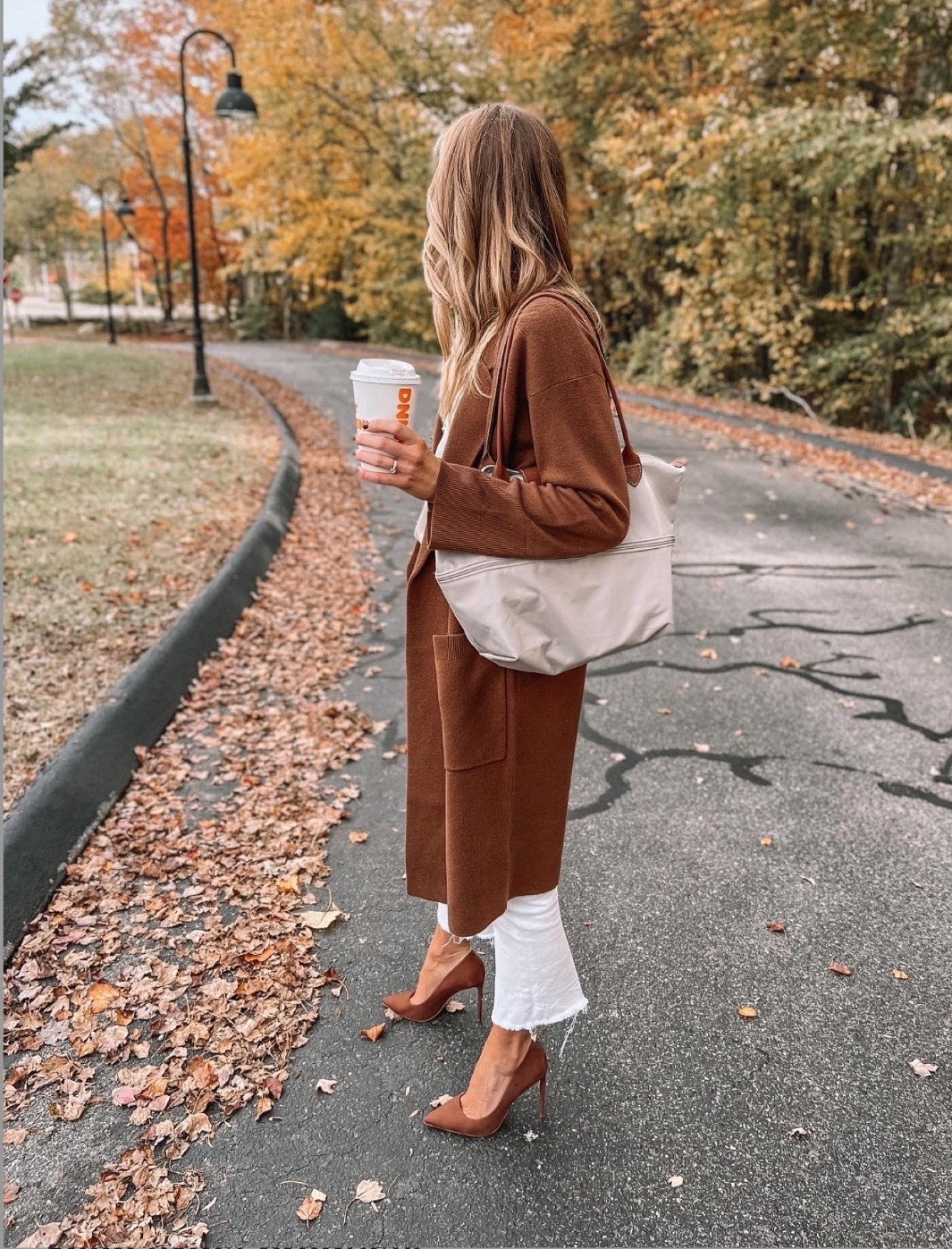 Fall outfit inspiration- long brown coatigan on sale! Love the style this year less bulk but still great color and length 