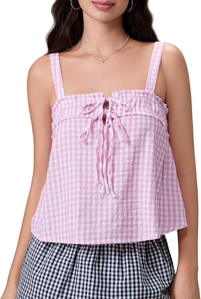 Mxiqqpltky Women Cute Plaid Camisole Y2K Tie Front Square Neck Loose Fit Cropped Tank Tops Casual... | Amazon (US)
