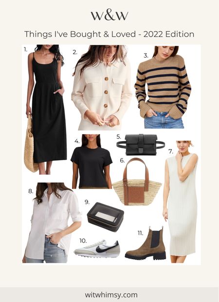 Things I bought and liked in 2022:
Jenni Kayne summer dress 
Sezane sweater jacket 
Striped sweater 
Workout tee
Senreve belt bag 
Straw and leather tote 
Pleated dress 
Boyfriend button up 
Travel makeup bag 
Nike sneakers
Lug sole boot 

TIBAL

#LTKitbag #LTKshoecrush #LTKstyletip