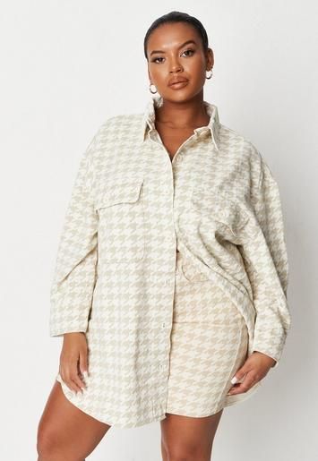 Missguided - Plus Size Beige Co Ord Houndstooth Oversized Denim Shirt | Missguided (US & CA)