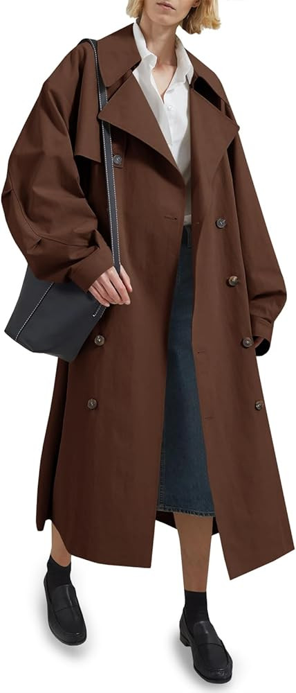 Tankaneo Womens Double Breasted Long Trench Coat Oversized Classic Lapel Belted Overcoat | Amazon (US)