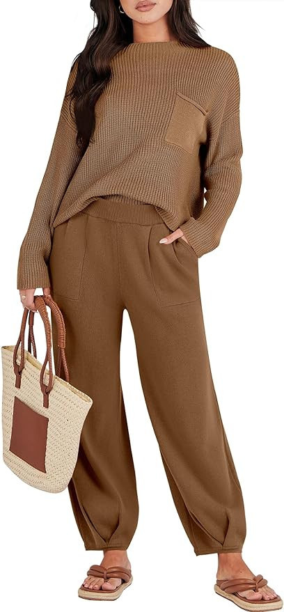 Caracilia Womens 2 Piece Outfits Sweater Sets Long Sleeve Knit Tops and Loose Pants Classy Matchi... | Amazon (US)