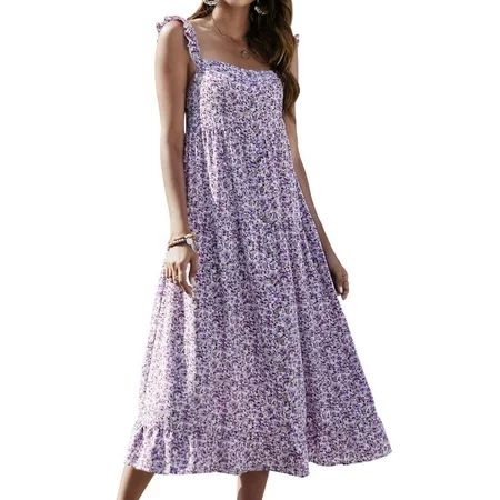 HUBERY Women Floral Print Buttons Open Back Tiered Flowy Sleeveless Maxi Dress | Walmart (US)