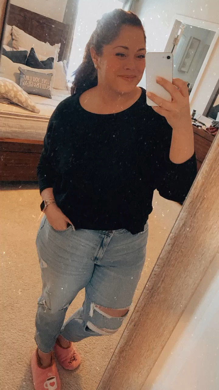 Happy Monday friends!!! Keeping with the accountability of dressing like a human for work, rather than looking like a sock in my sweats 😋 I went to the mall for the first time this weekend in a very long time, and I actually went into a Hollister for the first time probably since 2008. I had worked for them in high school and just never went back in once I left for college…and I was pleasantly surprised by how their new(ish) sizing is! I found this pair of denim in their “curvy high-rise mom jean,” and I can say that I am OBSESSED! They fit perfectly in all the right places & are beyond comfortable! I paired them with my favorite “Hacci” top from Wal-Mart, and it was the perfect outfit to start out the week! #wfh #wfhwear #

#LTKworkwear #LTKunder50 #LTKcurves