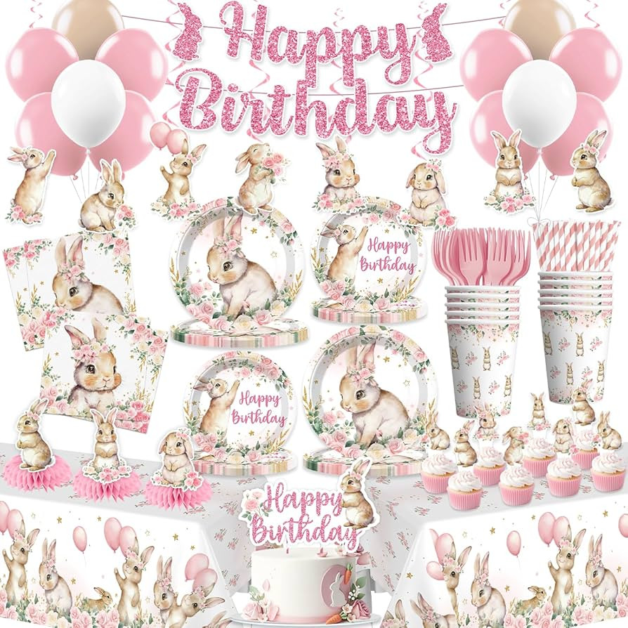 Xynic 205pcs Bunny Birthday Decorations Complete Tableware Set, for 25 Guests, Pink Bunny Party Decorations Girl, Includes Banner Hanging Swirls Plates Napkins Balloons Caketopper Tablecloths | Amazon (US)