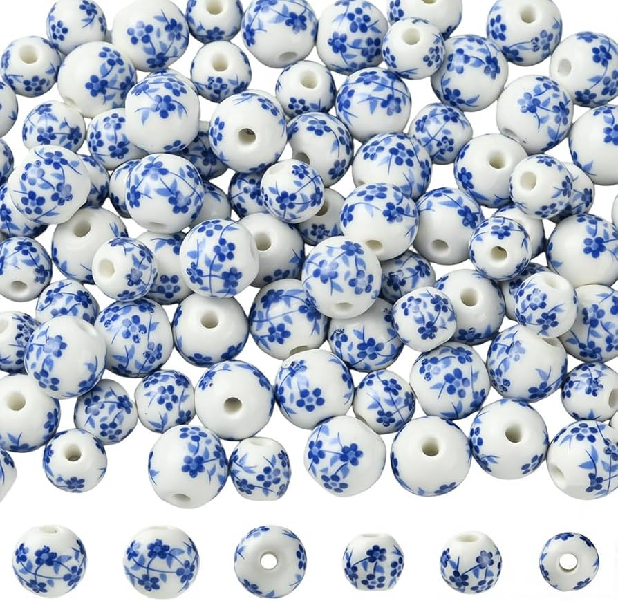 1 Box 100PCS 8MM 10MM Blue White Flower Printed Porcelain Beads with Holes Chinese Ceramic Flower... | Amazon (US)