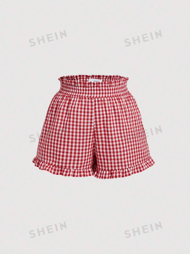 SHEIN MOD Plus Size Red & White Plaid Ruffled Trimmed Pleated Summer Shorts | SHEIN USA | SHEIN