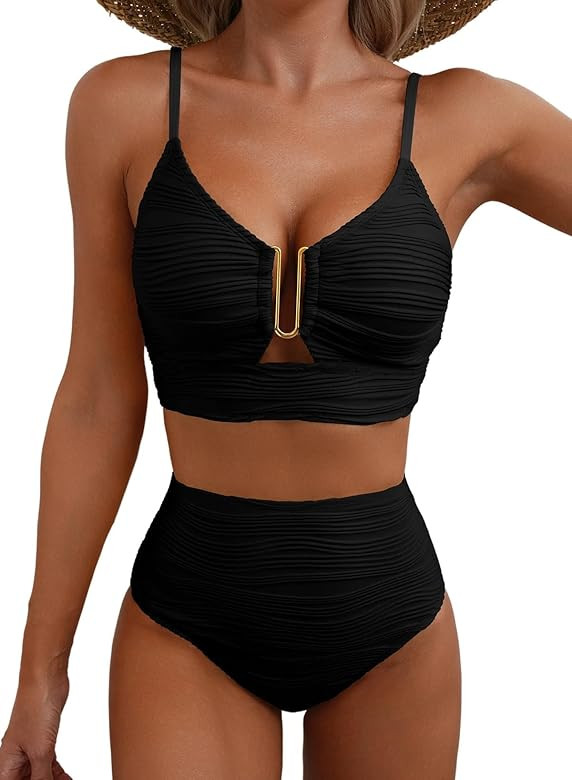 Herseas 2 Piece Bikini Set V Neck Cutout Swimsuit High Waisted Textured Ruched 2025 Summer Beach ... | Amazon (US)