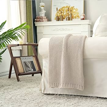 Chunky Cable Knit Throw Blanket Lightweight Beige 100% Organic Cotton Blanket for Sofa Couch Bed ... | Amazon (US)