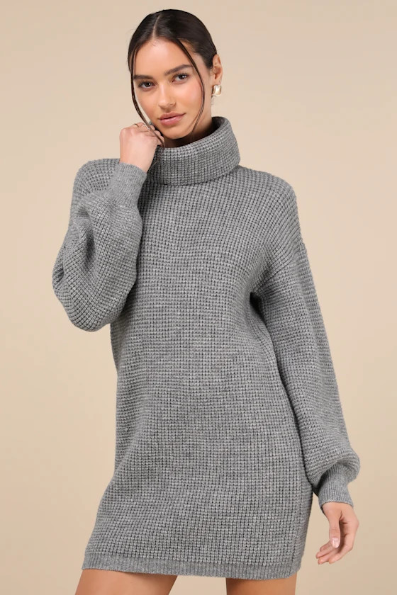 Casual Coziness Grey Waffle Knit Cowl Neck Sweater Dress | Lulus