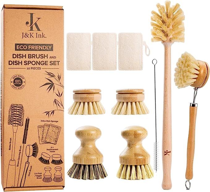 J&K Ink Eco Friendly Dish Brush Set Bamboo Dish Scrubber with Replacement Heads, Bottle Brush wit... | Amazon (US)