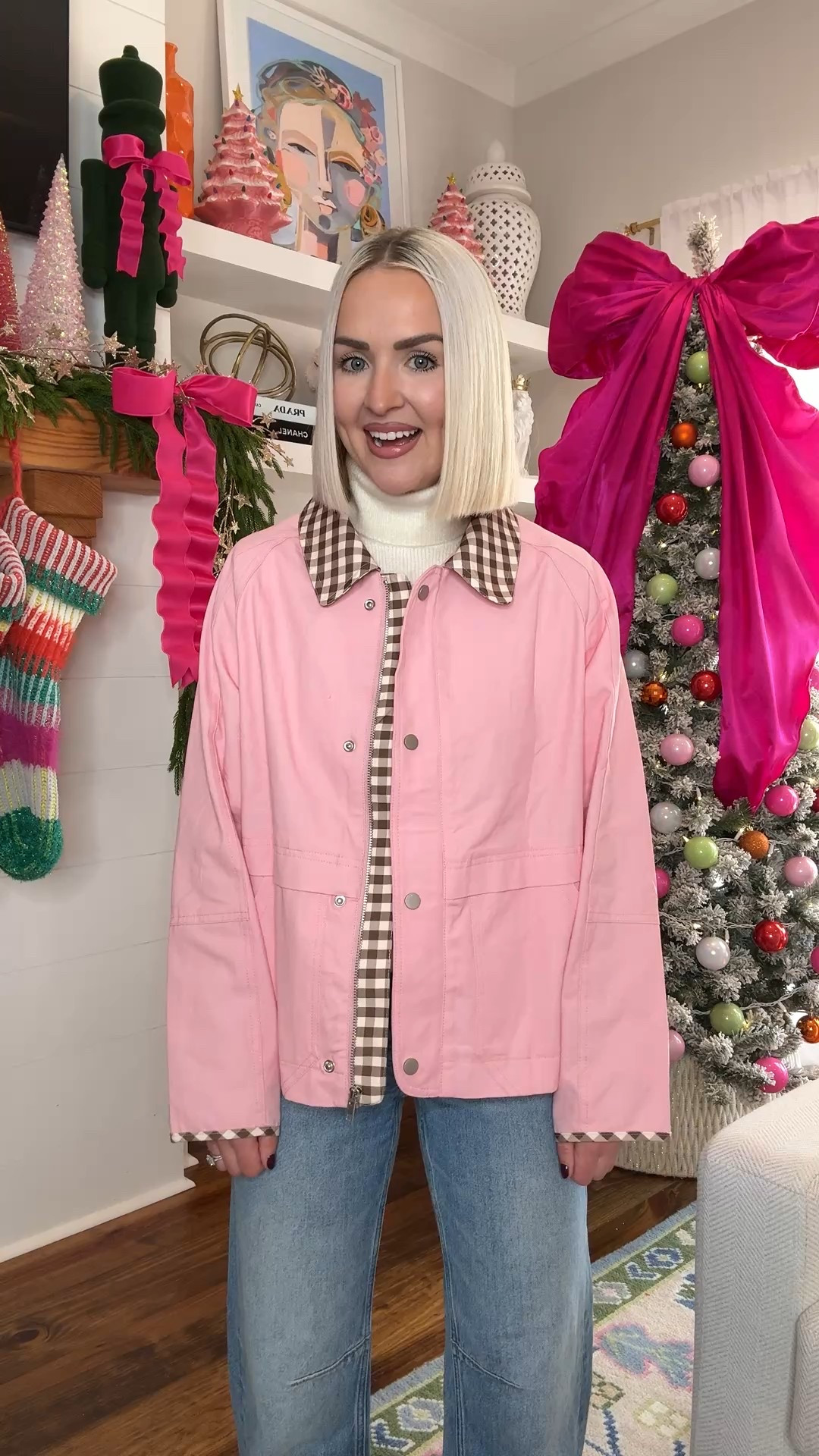 Pink jacket with gingham trim / Amazon pink jacket / Amazon fall jacket 
Size: small 

#LTKStyleTip #LTKGiftGuide #LTKFindsUnder50