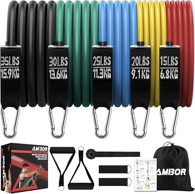 AMBOR Exercise Resistance Bands Set with Handles, Door Anchor, Ankle Straps, Carrying Bag for Hom... | Amazon (US)