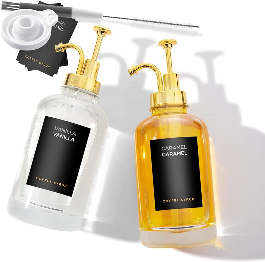 Joyfulmap 2 Coffee Syrup Dispenser with 18 Labels, Gold Pump Dispenser with bottles for Coffee Ba... | Amazon (US)