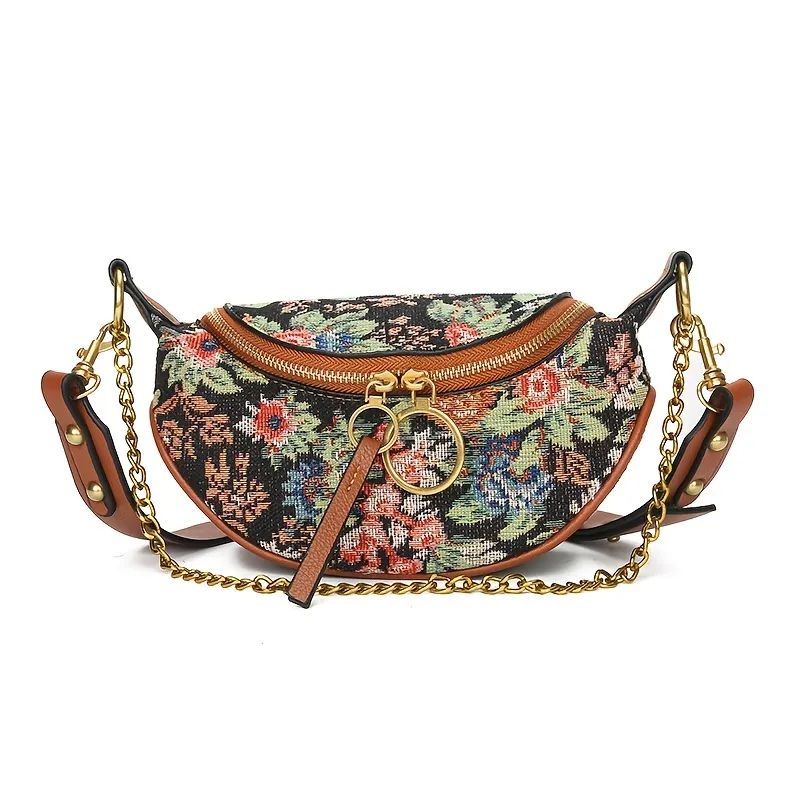Floral Graphic Waist Bag, Vintage Chain Decor Shoulder Bag, Trendy Double Zipper Crossbody Purse | Temu Affiliate Program