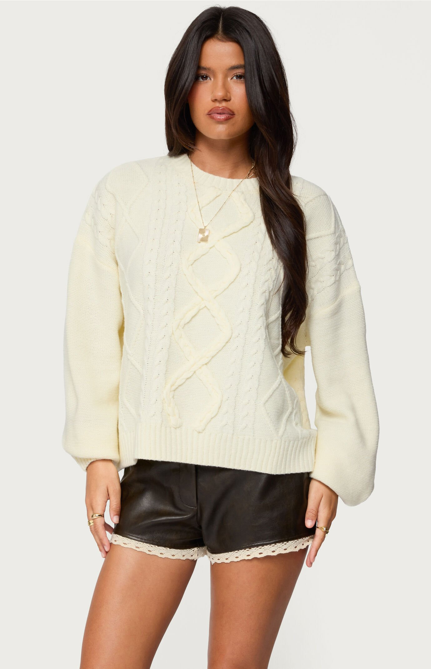 Edikted Women's Braided Cable Knit Oversized Sweater in Cream - Size XL | PacSun