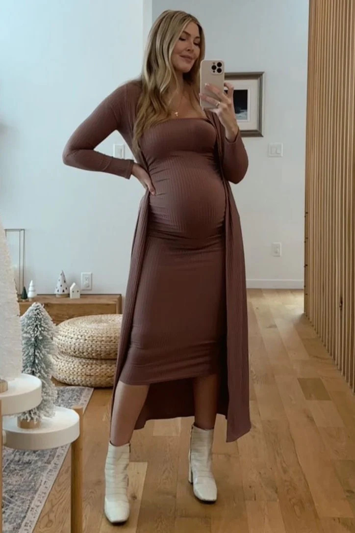 Mocha Ribbed Sleeveless Dress Cardigan Maternity Set | PinkBlush Maternity