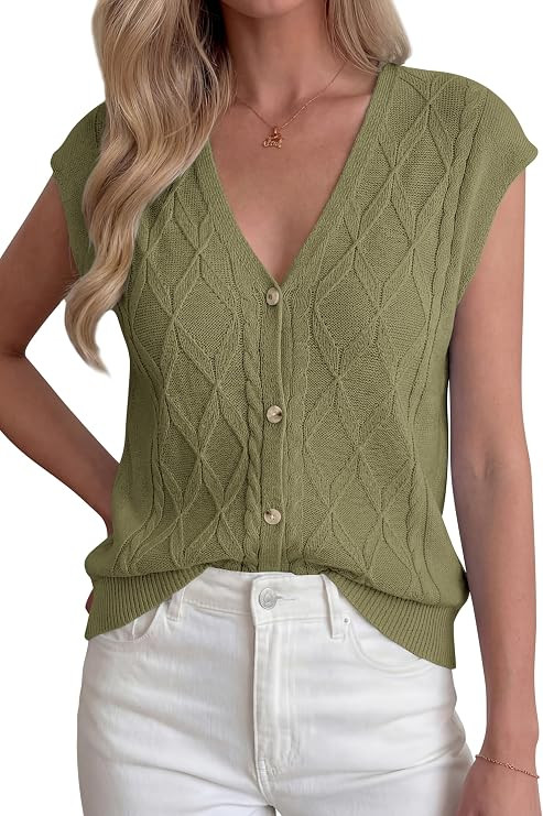 BTFBM Sweater Vest Women V Neck Cap Sleeve Button Down Knit Tops Spring Summer 2026 Loose Lightwe... | Amazon (US)