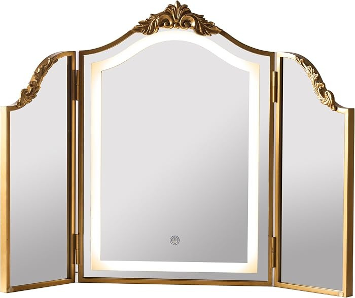 Antique Gold Triple Fold Makeup Mirror with Tri-Color LED Lighting & Dimming, Baroque Carved Arch... | Amazon (US)